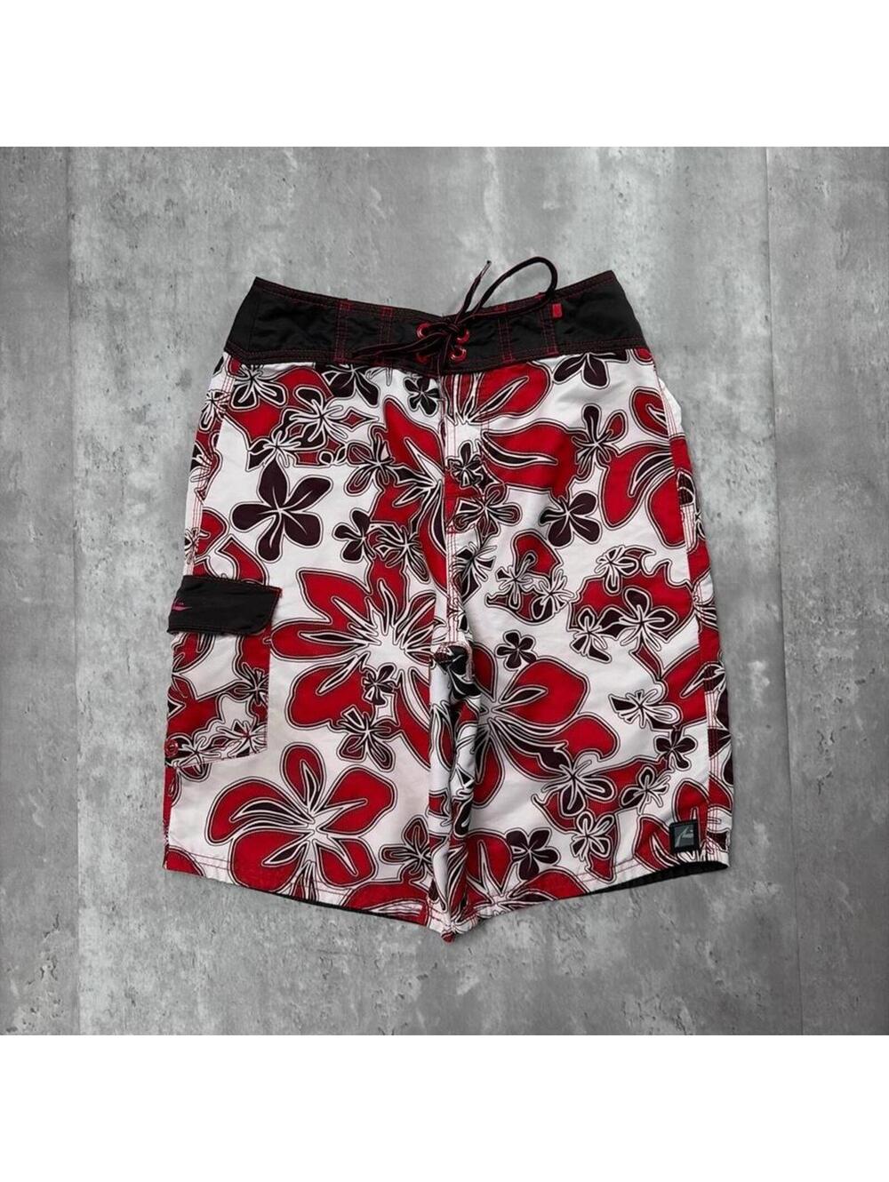 Vintage Red Rusty Surf Grunge Floral Baggy Board Shorts